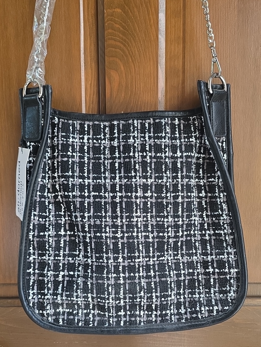 NEW Ah•dorned Black & White Tweed Crossbody with Removable Silver Chain Strap